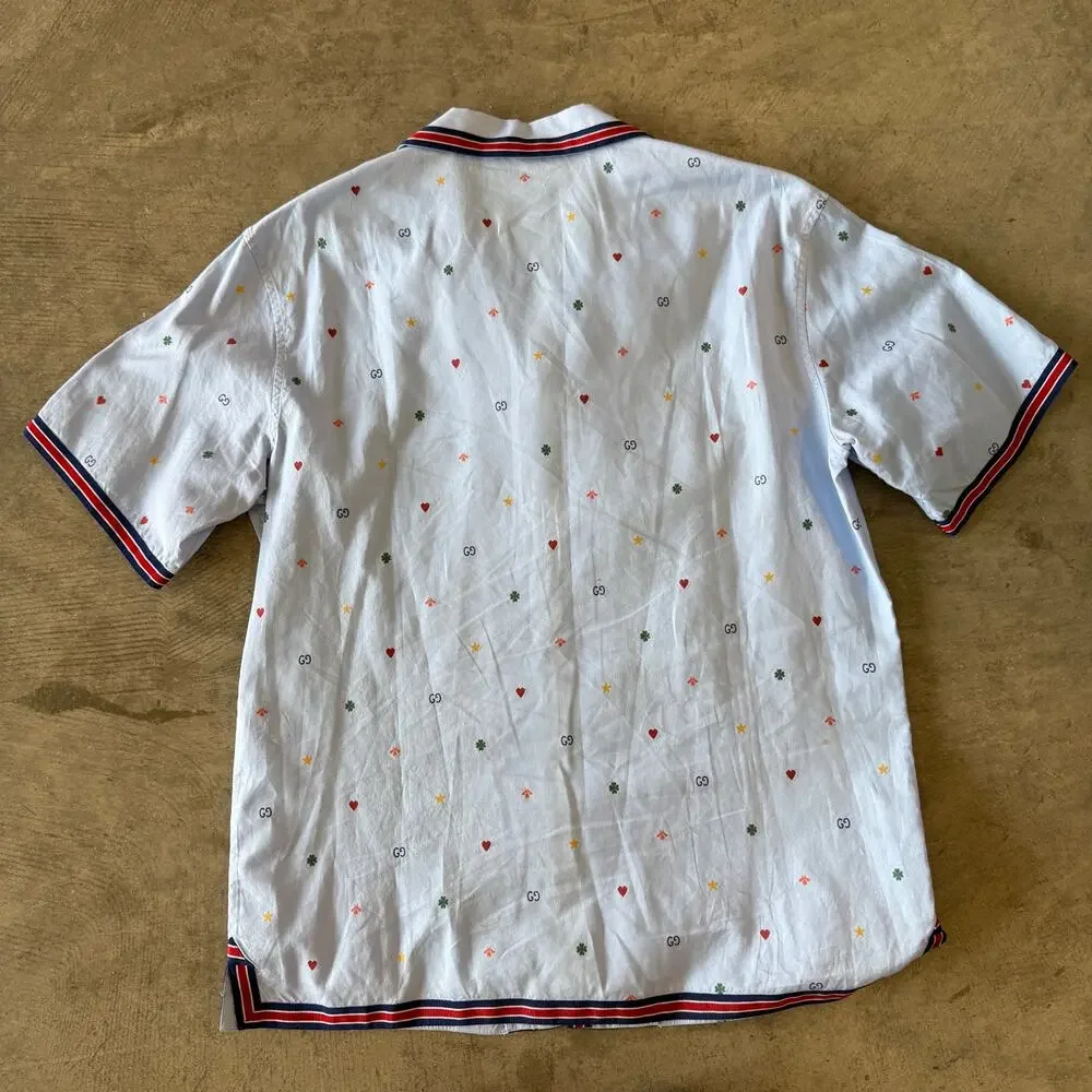 Gucci GG Monogram Hearts Stars Bee Print Short Sleeve Shirt Light Blue Size 50